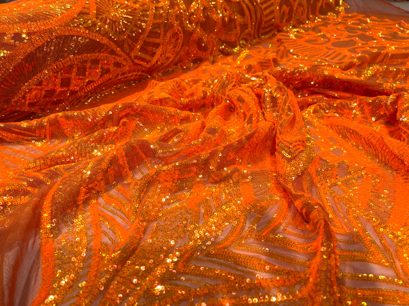 Neon Orange iridescent royalty design on a 4 way stretch mesh-prom-sold by the yard.