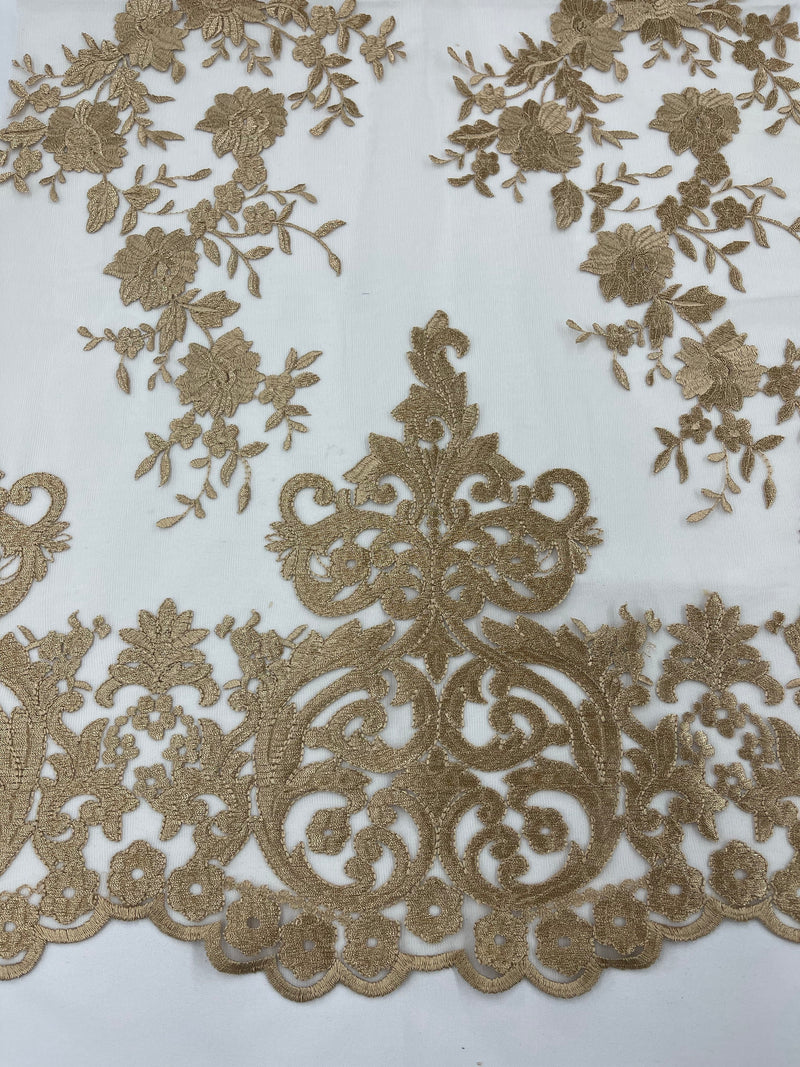 Elegant flower damask flat lace embroidery on a mesh-sold by the yard.