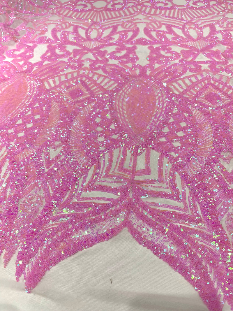 Candy Pink iridescent royalty design on a light pink 4 way stretch mesh-prom-sold by the yard.