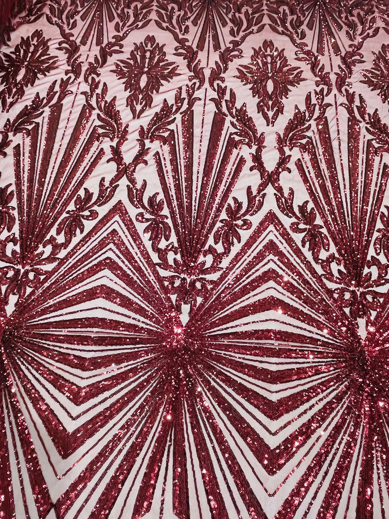 Burgundy sequin damask design on a 4 way stretch mesh- sold by the yard.