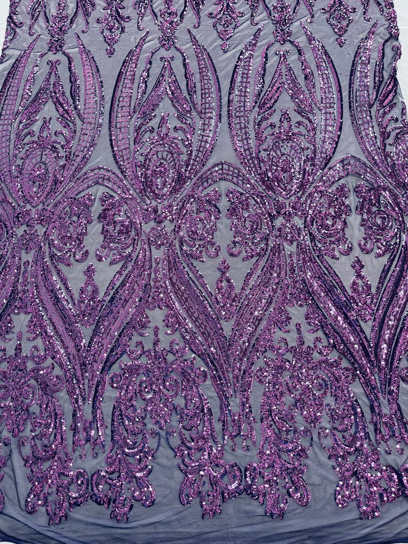 Empire Damask design with sequins embroider on a 4 way stretch mesh fabric-sold by the yard.