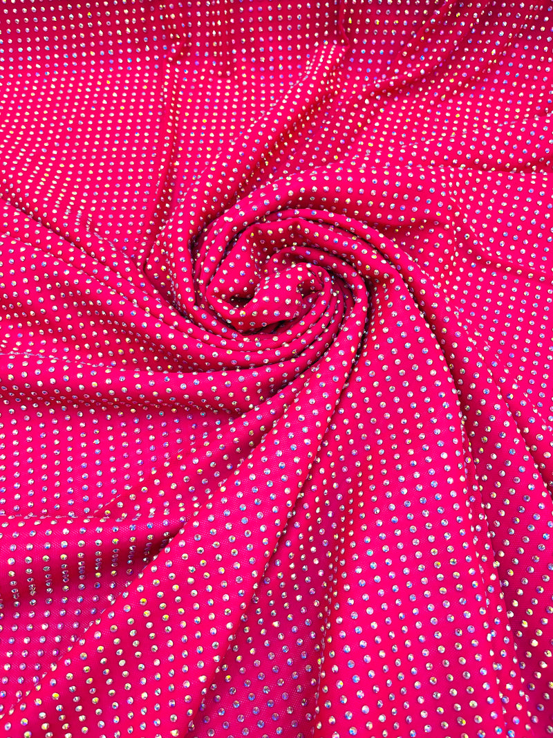 AB-Iridescent Rhinestones On Soft Stretch Nylon Power Mesh Fabric 54” Wide -sold by The Yard.