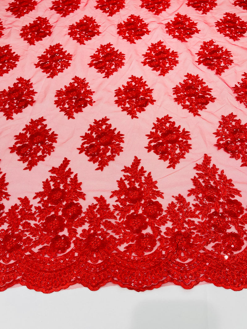 Floral corded embroider with sequins on a mesh lace fabric-sold by the yard