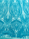 Feather damask shiny sequin design on a 4 way stretch mesh Fabric-prom-sold by the yard.