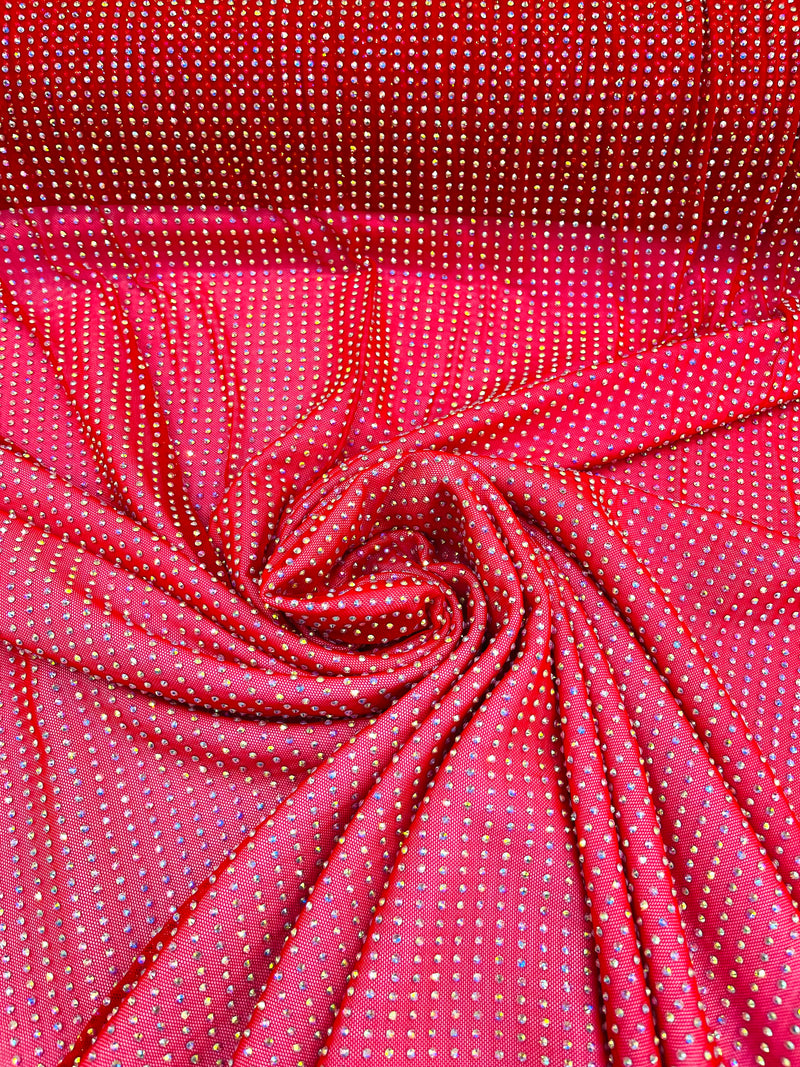 AB-Iridescent Rhinestones On Soft Stretch Nylon Power Mesh Fabric 54” Wide -sold by The Yard.