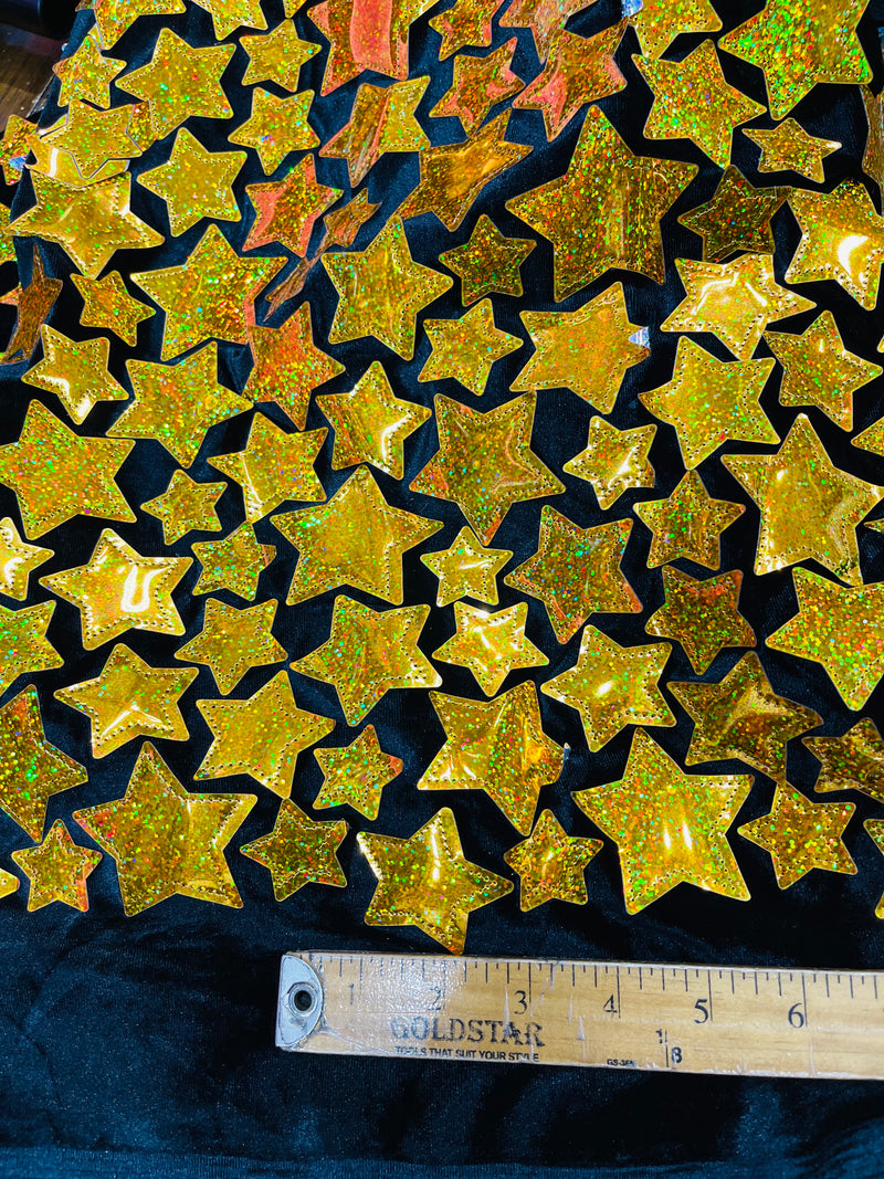 Gold hologram Iridescent sequin Stars On Black Stretch Velvet Fabric Sold By The Yard.