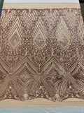 Queens geometric diamond design with shiny sequins on a 4 way stretch mesh fabric- sold by the yard.