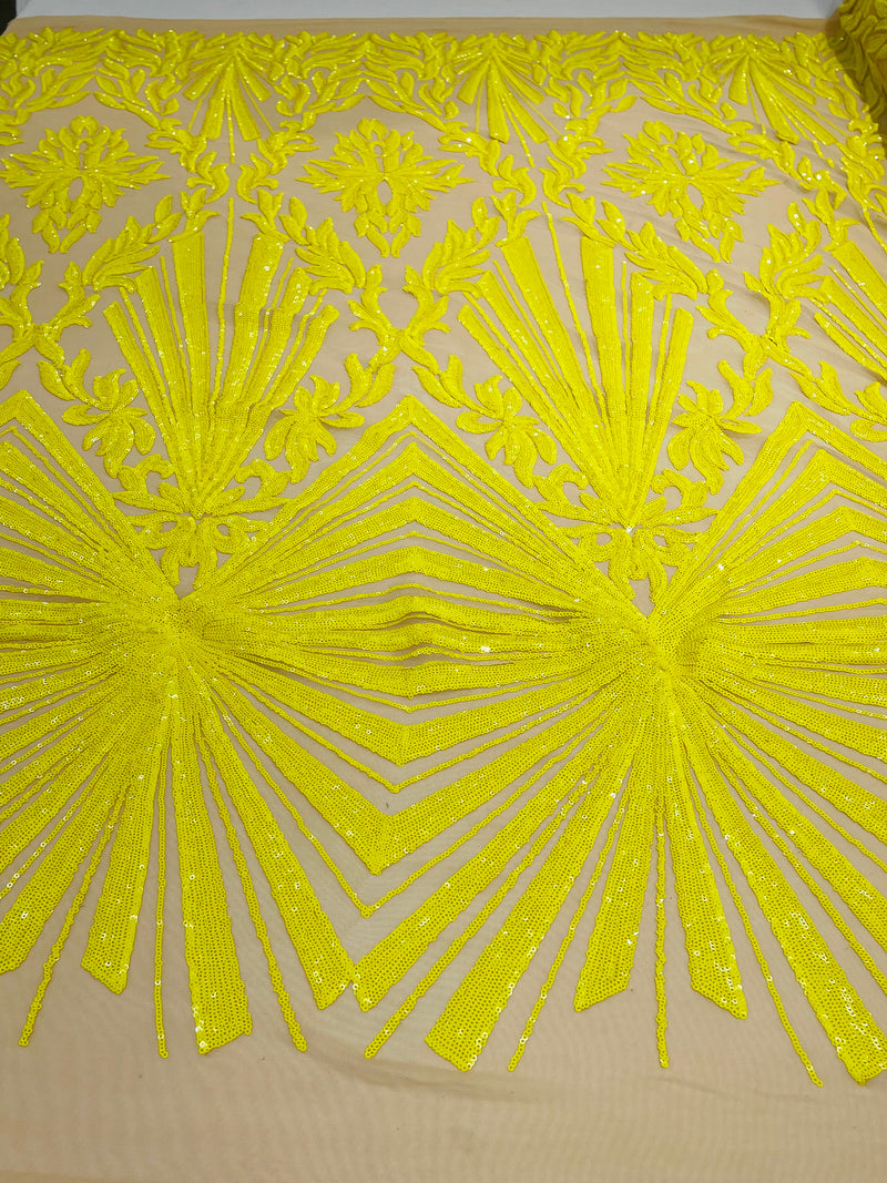 Yellow sequin damask design on a  nude 4 way stretch mesh- sold by the yard.