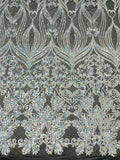 New Damask design with sequins embroider on a 4 way stretch mesh fabric-sold by the yard.