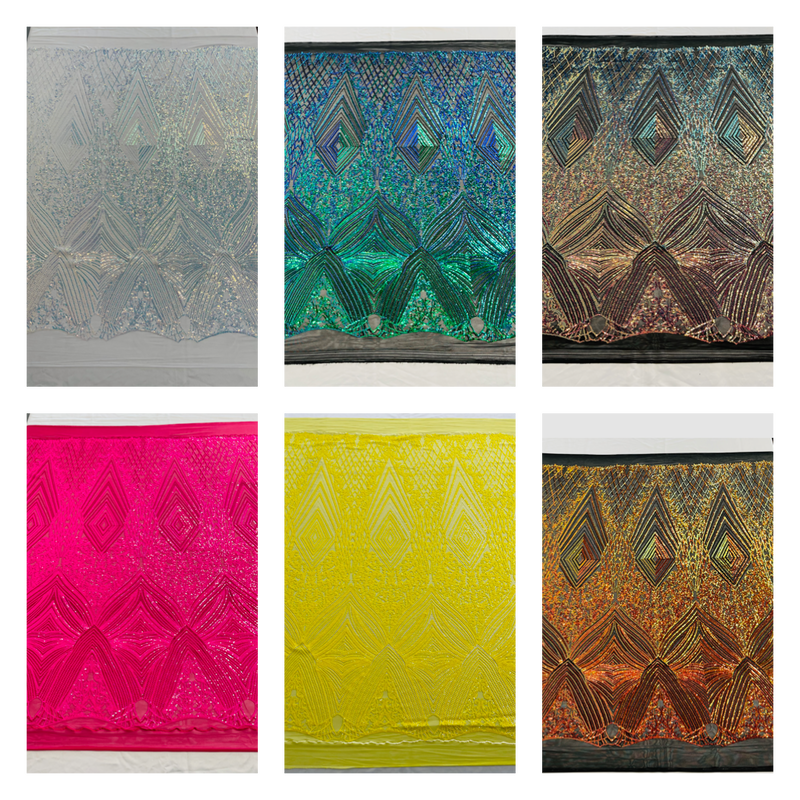 Queens geometric diamond design with shiny sequins on a 4 way stretch mesh fabric- sold by the yard.