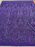 Empire Damask design with sequins embroider on a 4 way stretch mesh fabric-sold by the yard.