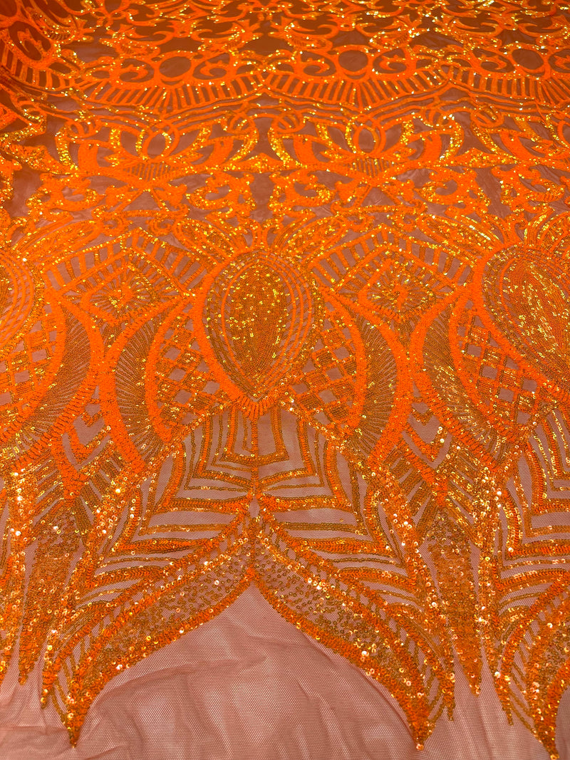 Neon Orange iridescent royalty design on a 4 way stretch mesh-prom-sold by the yard.