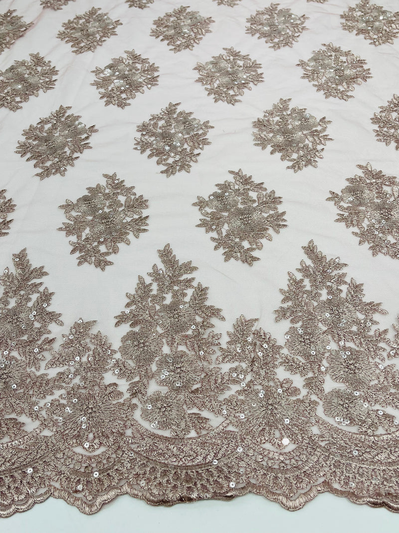 Floral corded embroider with sequins on a mesh lace fabric-sold by the yard