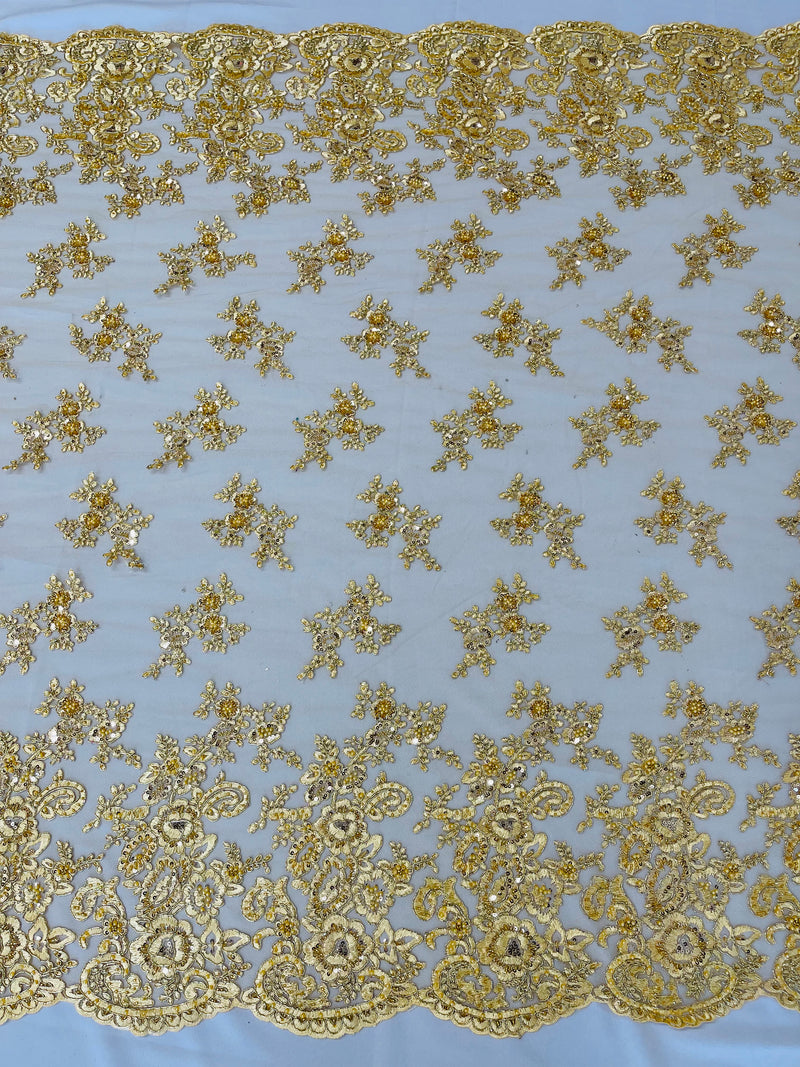 Gold Metallic fashion floral design embroider with sequins and hand beaded on a mesh lace-dresses-fashion-decorations-prom-sold by yard.