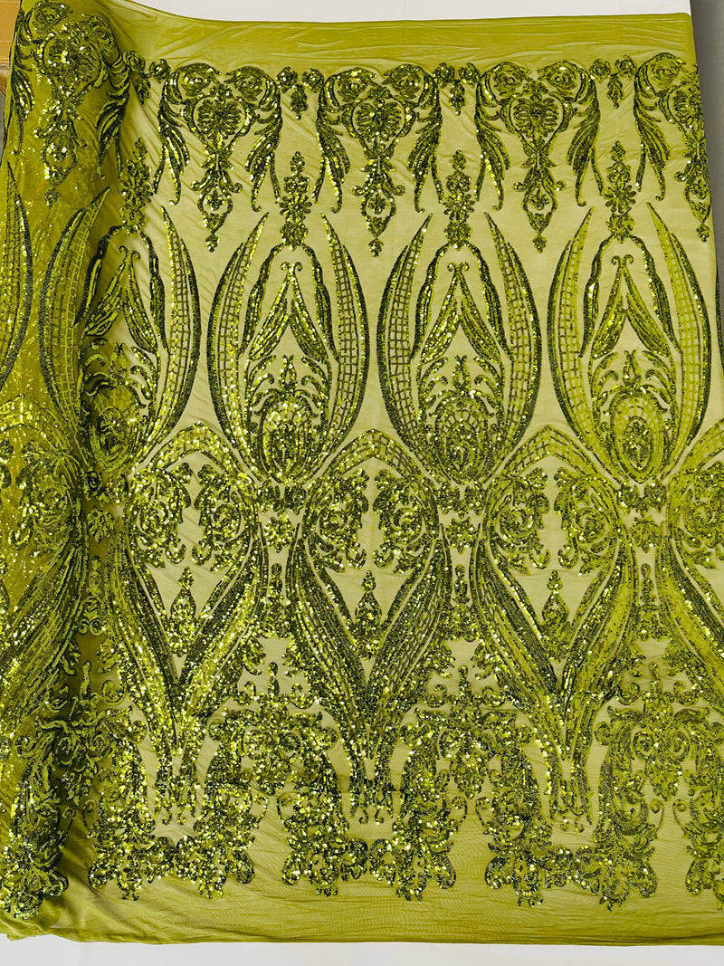 Empire Damask design with sequins embroider on a 4 way stretch mesh fabric-sold by the yard.