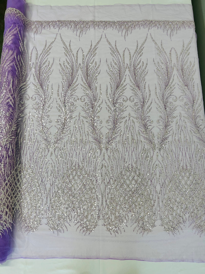 Wing feathers damask embroider and heavy beaded on a mesh lace fabric-sold by the yard