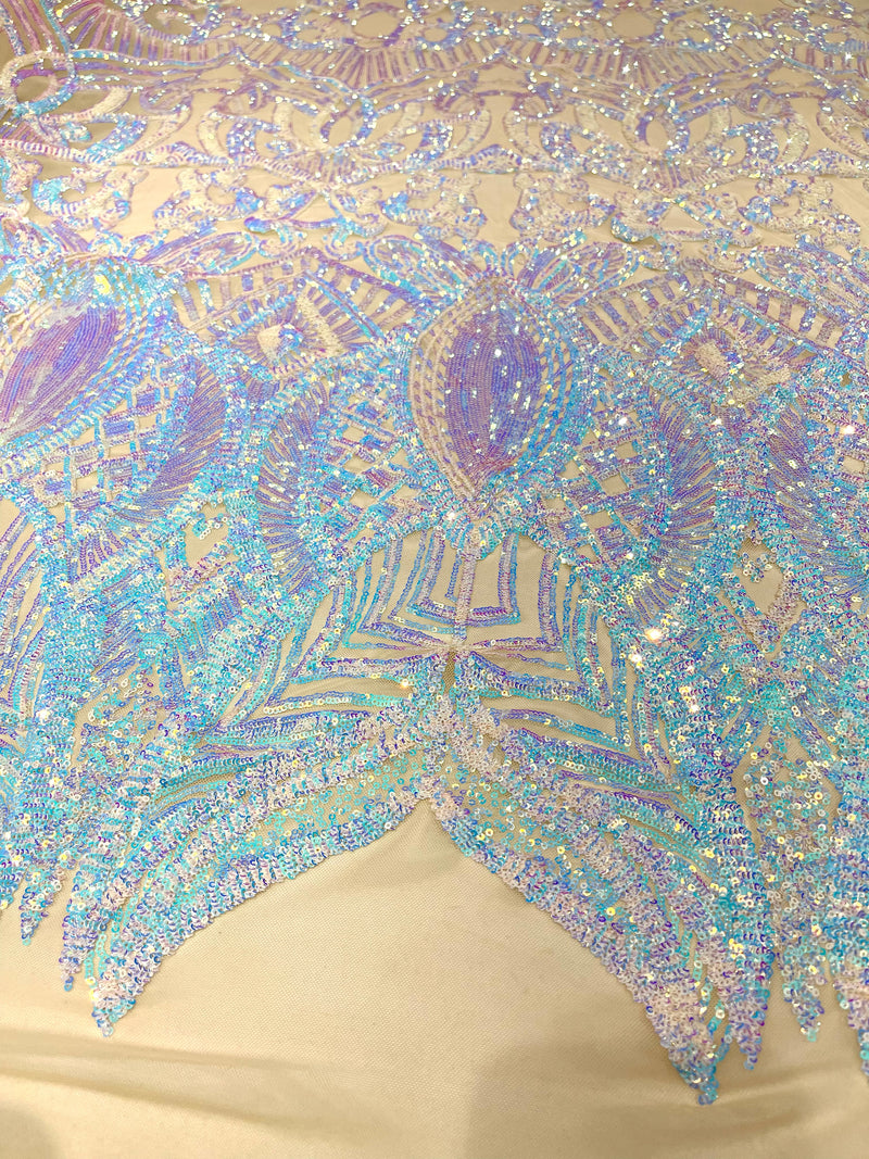 Aqua Clear iridescent royalty design on a champagne 4 way stretch mesh-prom-sold by the yard.