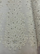 New Vegas heavy beaded feather design embroidery on a mesh fabric-Sold by the panel