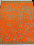 Empire Damask design with sequins embroider on a 4 way stretch mesh fabric-sold by the yard.