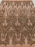 Empire Damask design with sequins embroider on a 4 way stretch mesh fabric-sold by the yard.