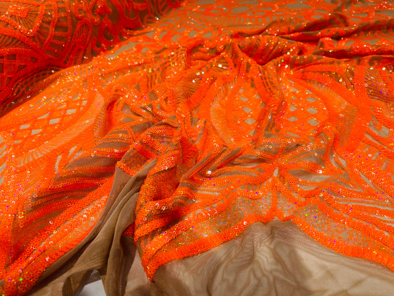 Neon Orange iridescent royalty design on a skin 4 way stretch mesh-prom-sold by the yard.