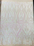 Empire Damask design with sequins embroider on a 4 way stretch mesh fabric-sold by the yard.