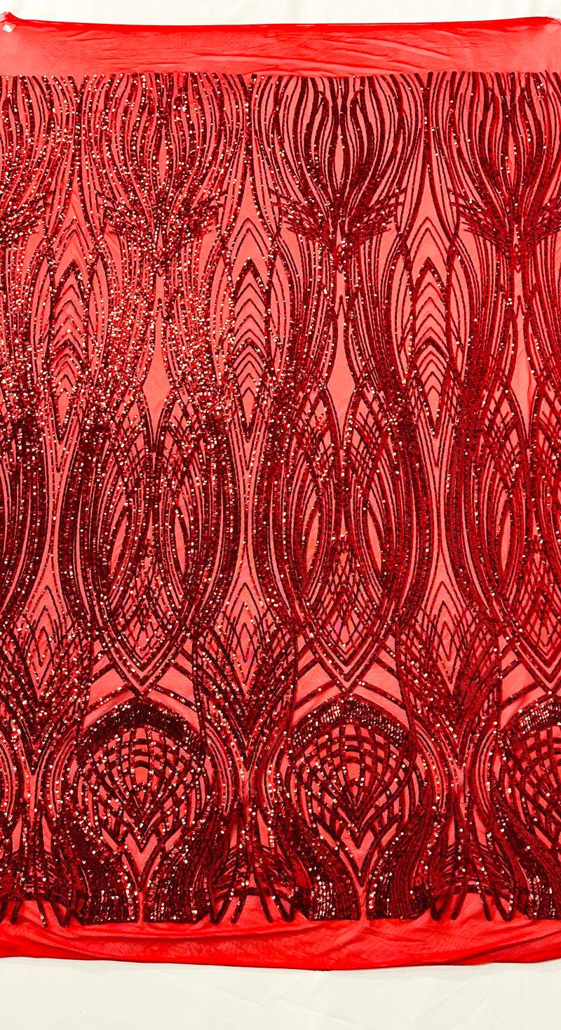 Feather damask shiny sequin design on a 4 way stretch mesh Fabric-prom-sold by the yard.