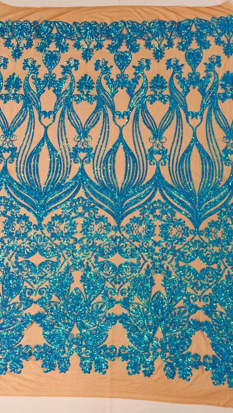 New Damask design with sequins embroider on a 4 way stretch mesh fabric-sold by the yard.