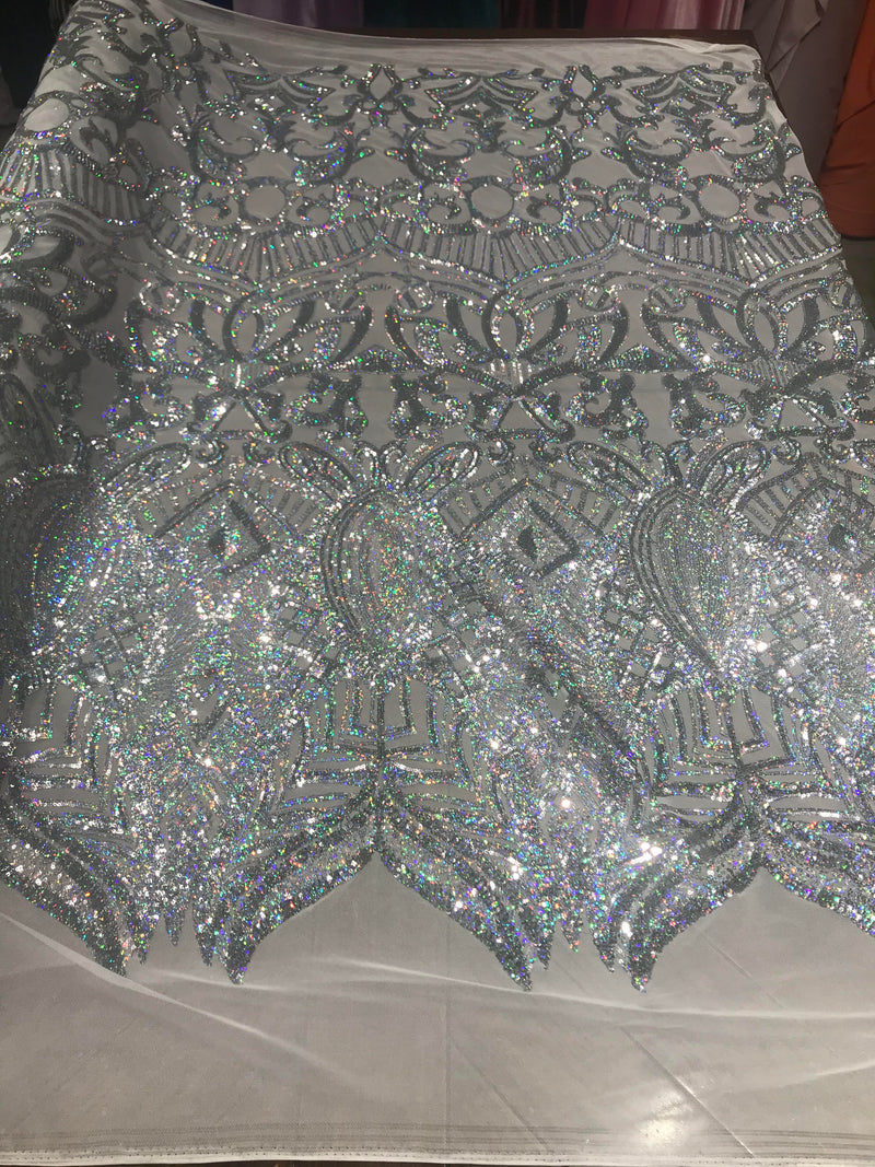 Royalty design embroidery with sequins on a 4 way stretch mesh-dresses-fashion-prom-nightgown-apparel-sold by the yard.