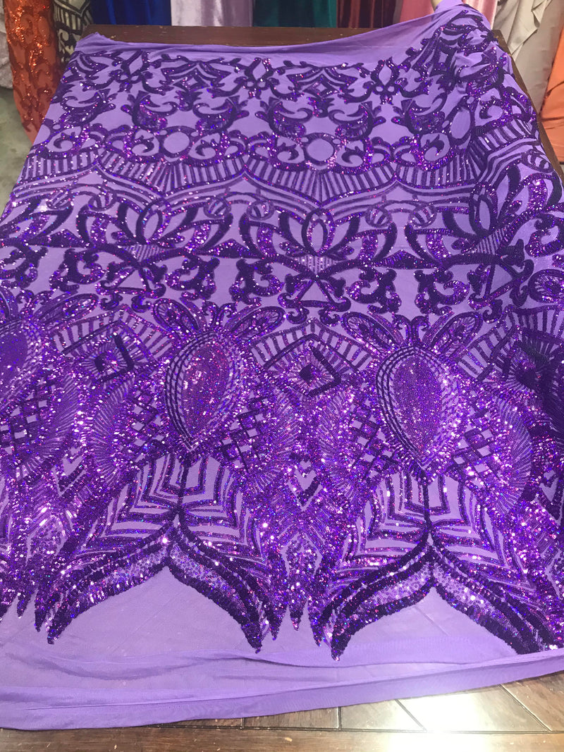 Royalty design embroidery with sequins on a 4 way stretch mesh-dresses-fashion-prom-nightgown-apparel-sold by the yard.