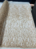 Root Vine Design Embroider and heavy beading on a mesh lace - sold by the yard. - New Creations Fabric & Foam Inc